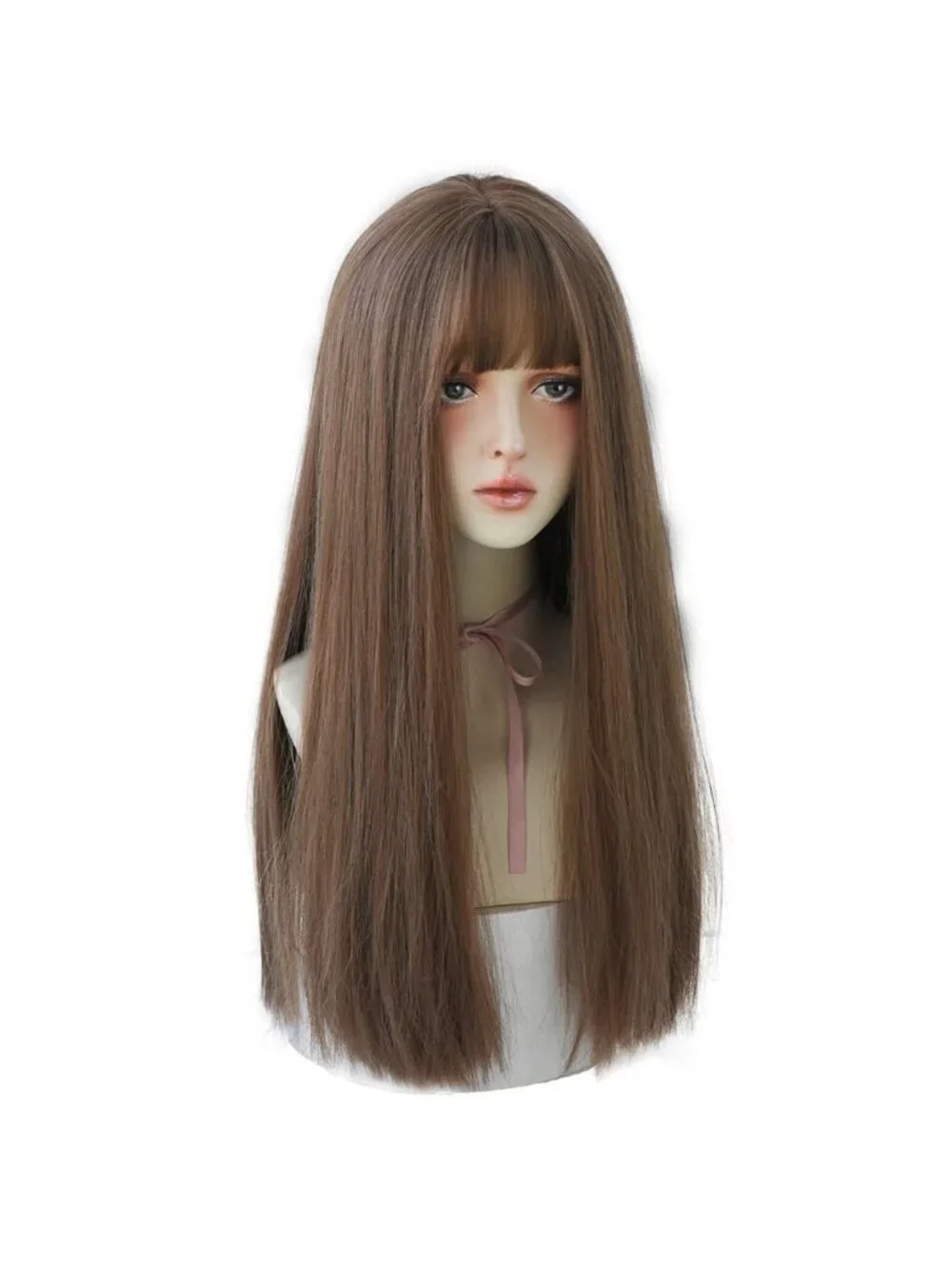 Women's Honey Brown Heat Resistant Synthetic Fiber Long Straight Wigs Bangs